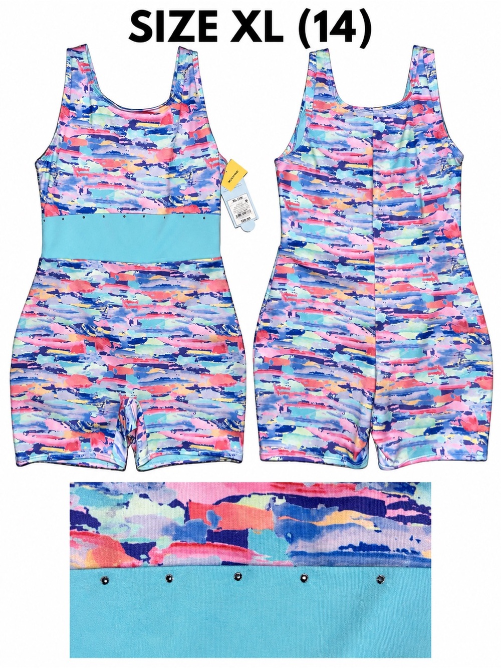 Girls' Multicolor Brushstroke Shortie Bodysuit with Aqua Band